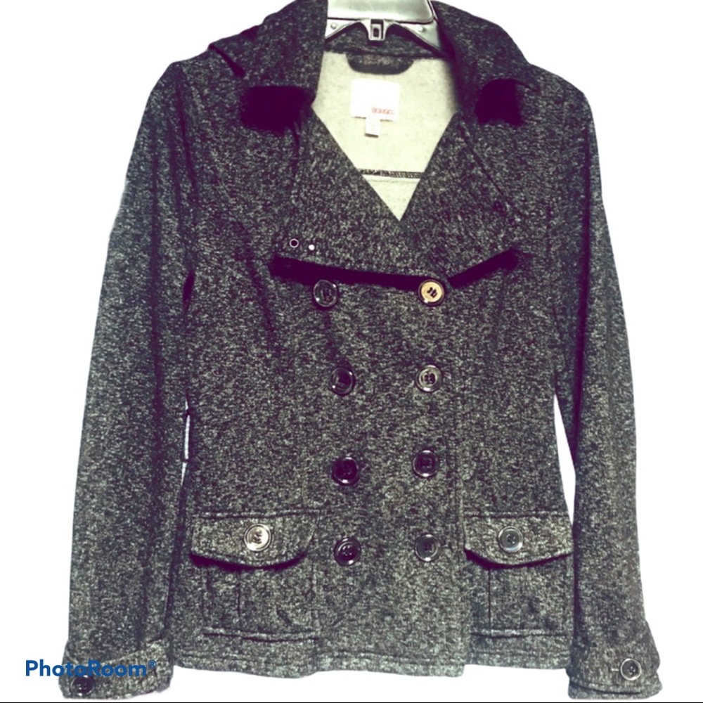 BONGO Y2K Juniors Small Hooded Button Up Trench Coat Gray Glitter Materi…